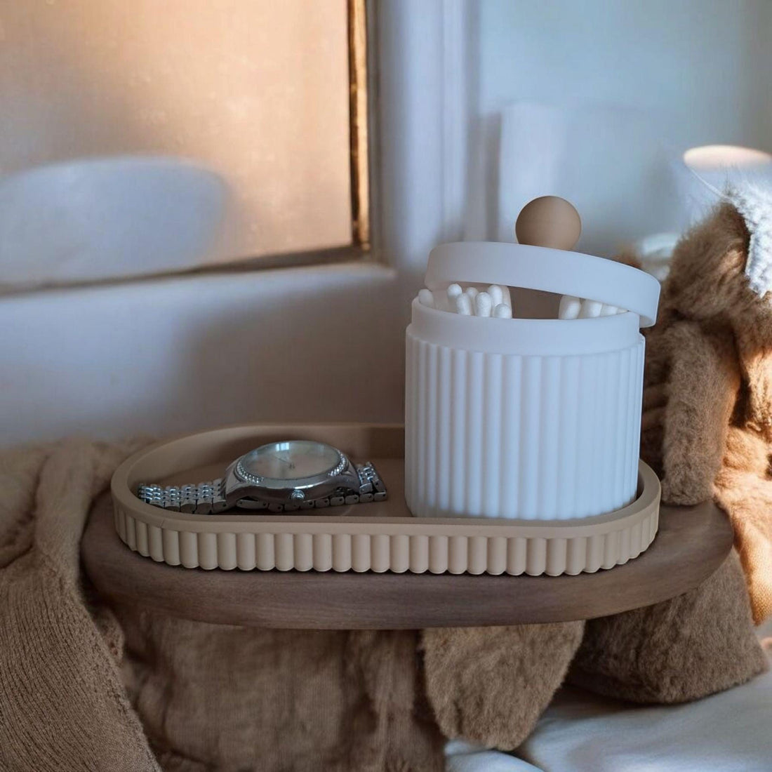 Modern Ribbed Organizer Set • Decorative Tray and Storage Jar • Handmade Eco Friendly Home Decor