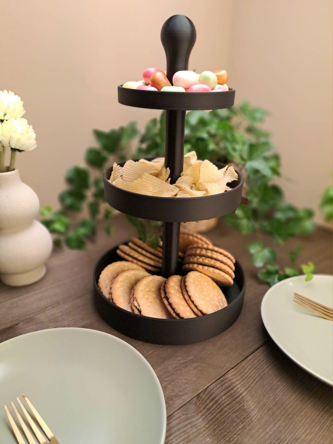 Three Tier Serving Tray Stand – Modern Snack and Dessert Display – Handmade Eco Friendly Home Decor