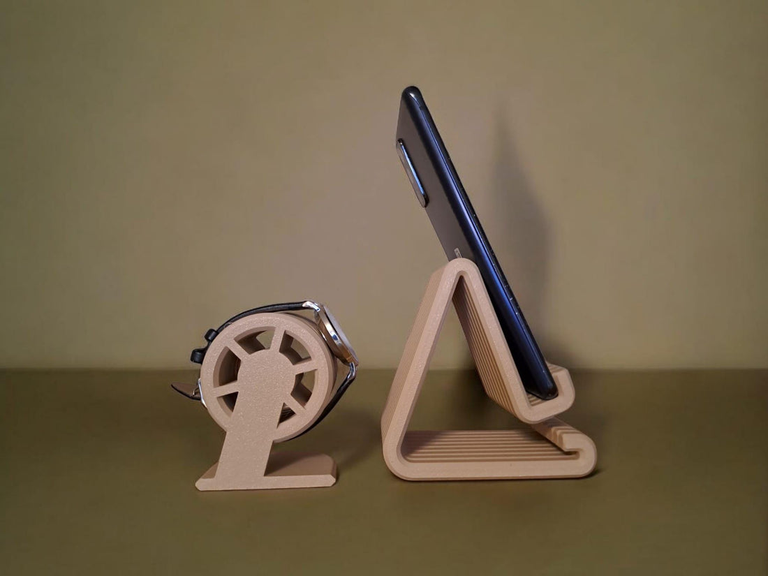 Smartphone and Smartwatch Holder Set • Modern Ribbed Phone Stand and Watch Stand • Handmade Eco Friendly Desk Holder Set