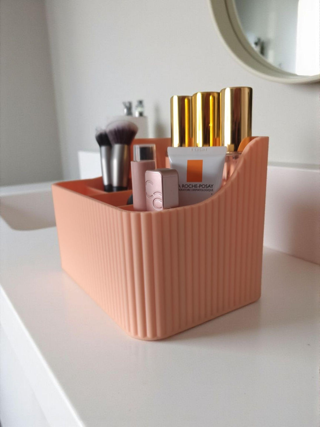 Modern Ribbed Makeup Organizer | Retro Vanity Storage with 6 Compartments | Handmade Eco Friendly Cosmetic Holder