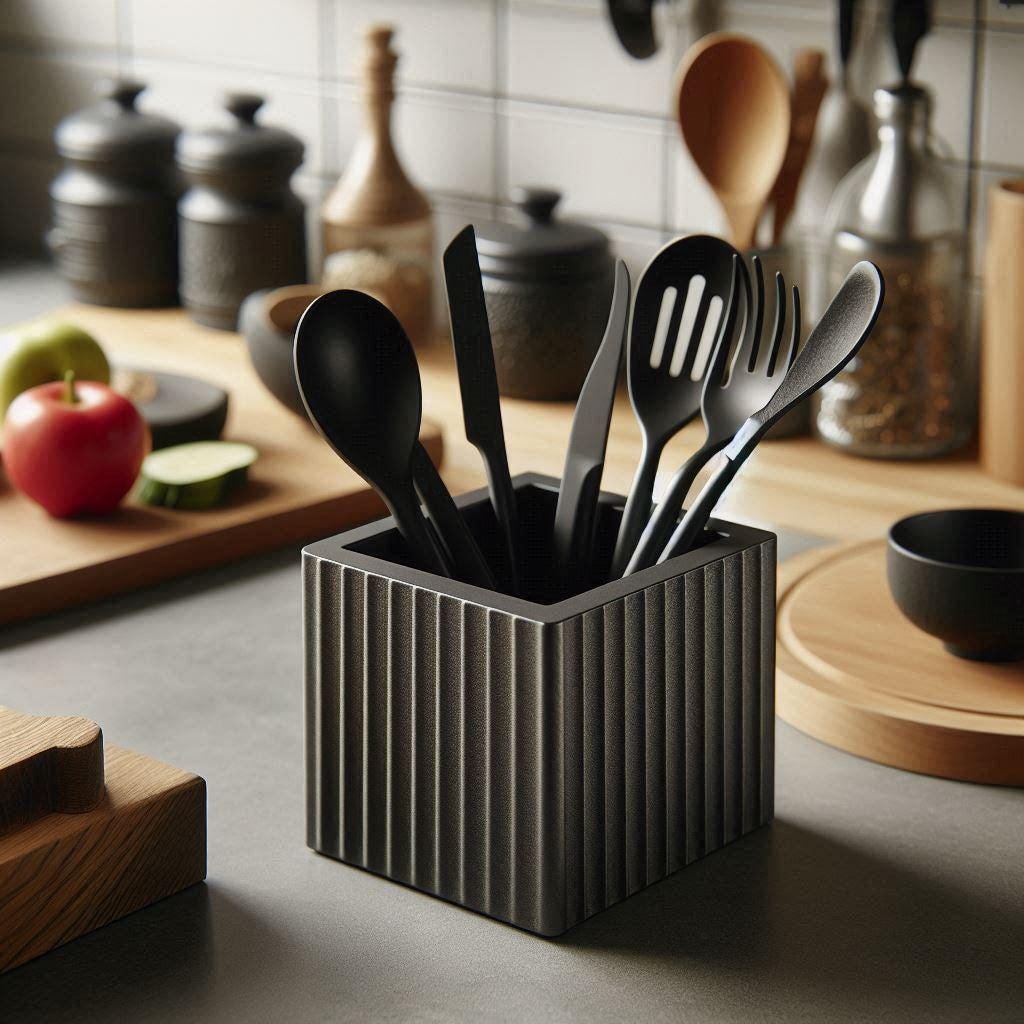 Modern Ribbed Kitchen Utensil Holder | Minimalist Square Countertop Organizer | Durable Handmade Home Decor Cup