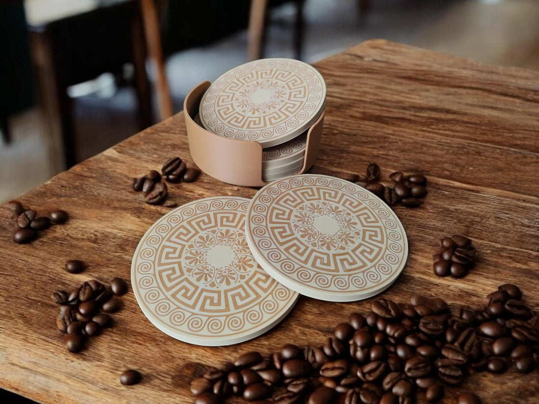 Greek Style Coaster Set with Holder • Elegant Decorative Coasters • Handmade Eco Friendly Table Decor
