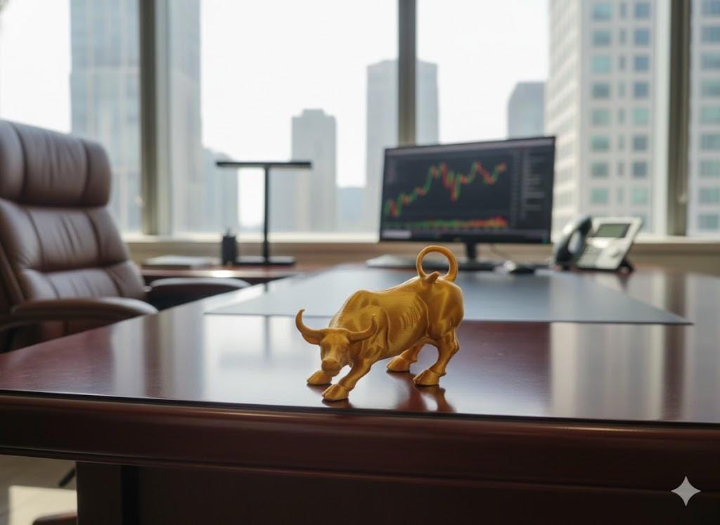 Golden Charging Bull Statue, Wall Street Finance Decor