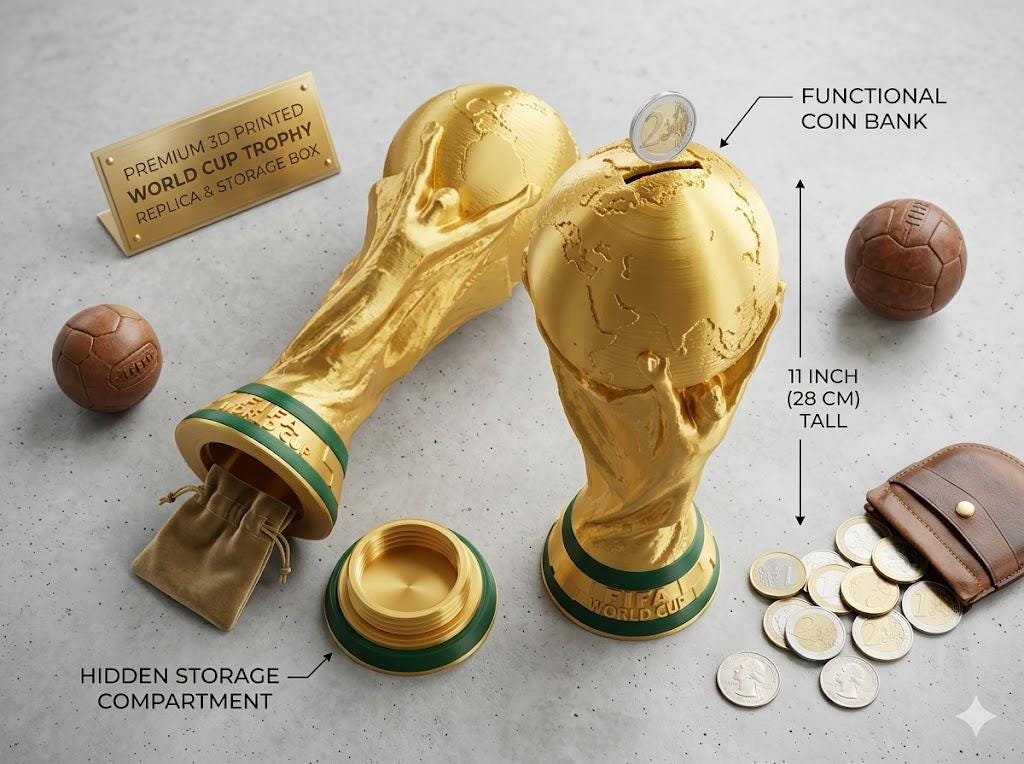 11 Inch World Cup Trophy Replica, 3D Printed Football Display, Hidden Storage Coin Bank