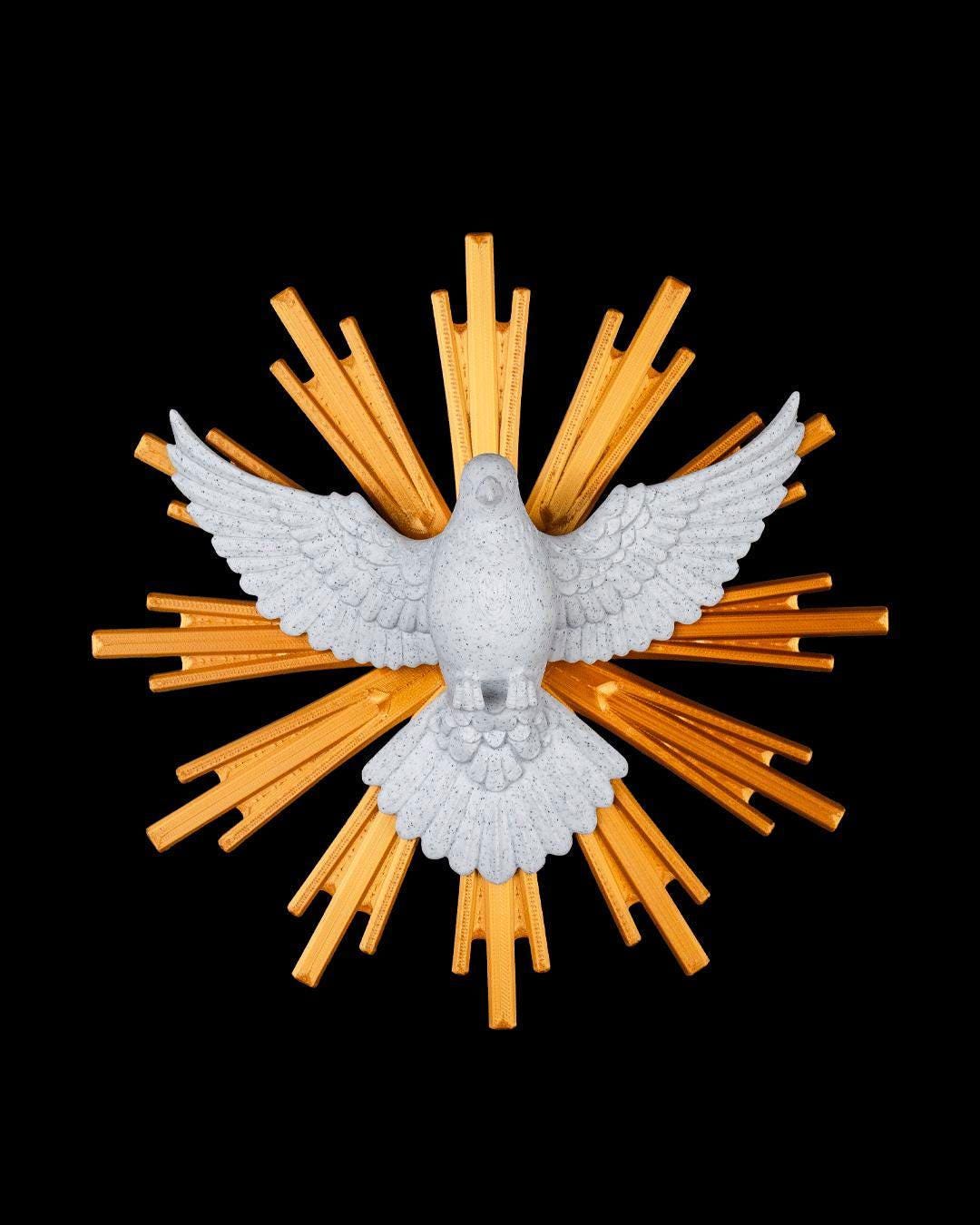 Holy Spirit Dove Wall Sculpture – Marble Finish, Golden Rays Christian Decor