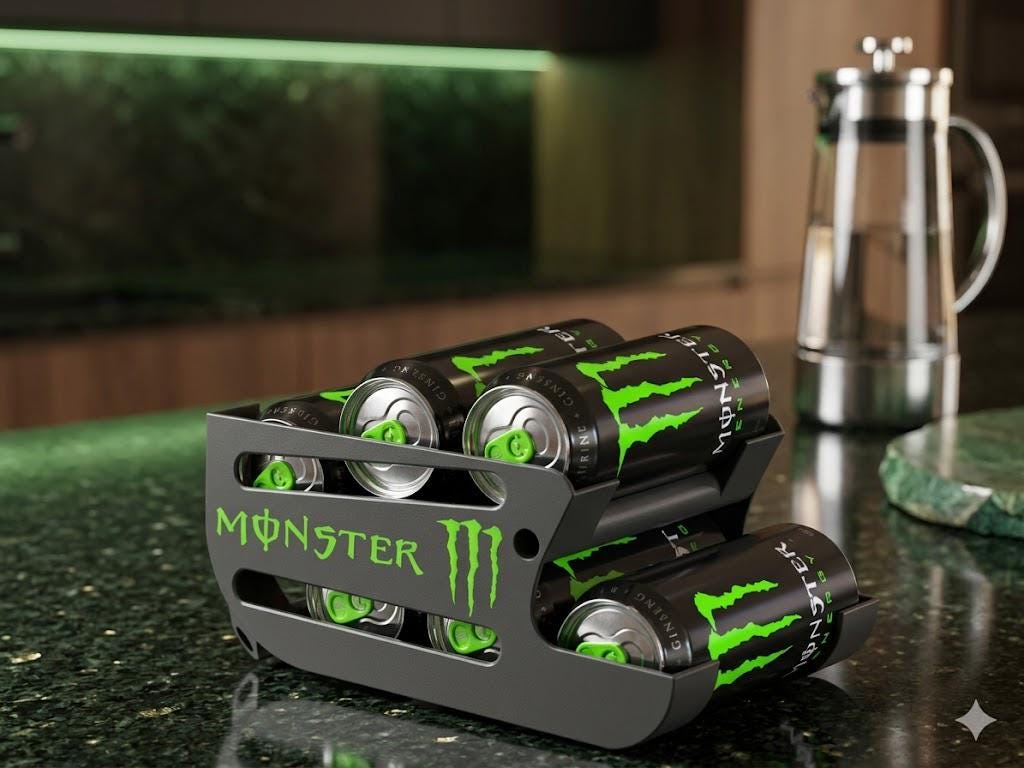 6 Can Monster Dispenser Organizer Compact Fridge Storage Soda Holder Kitchen Counter Space Saver
