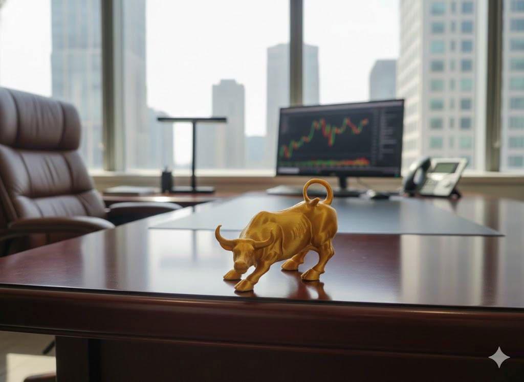 Golden Charging Bull Statue, Finance Office Desk Decor