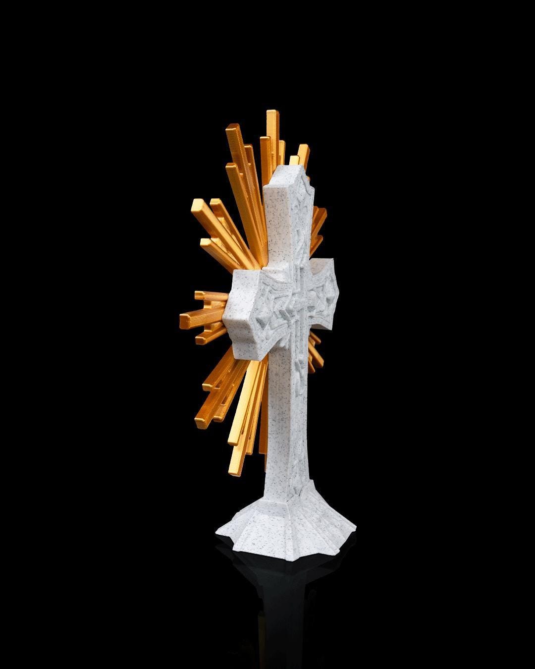 Sacred Cross Wall Art – Marble Style Sculpture with Golden Rays – Religious Decor