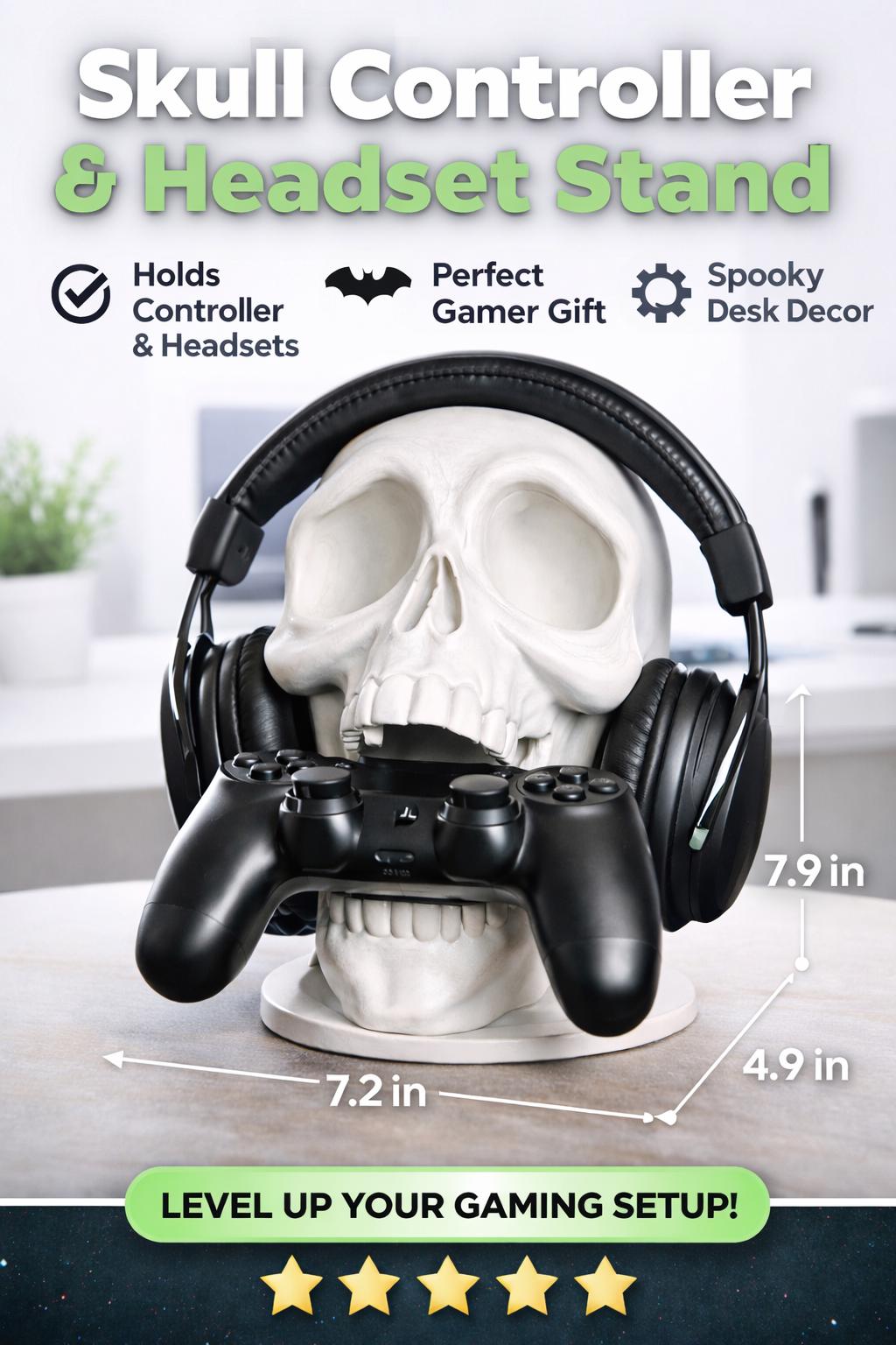 Skull Controller & Headset Stand – Gaming Desk Organizer for Xbox, PS5, PS4, Spooky Gamer Gift PLA