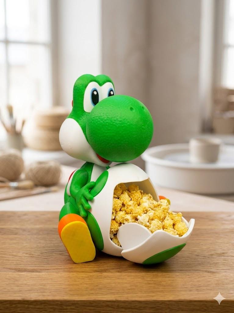 3D Printed Yoshi Popcorn Bowl Lamp, Fantasy Gaming Decor, Night Light, PLA Material