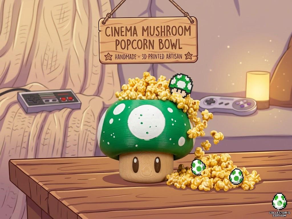 3D Printed Mushroom Snack Bowl – Retro Gamer Popcorn Bucket, Movie Night Accessory