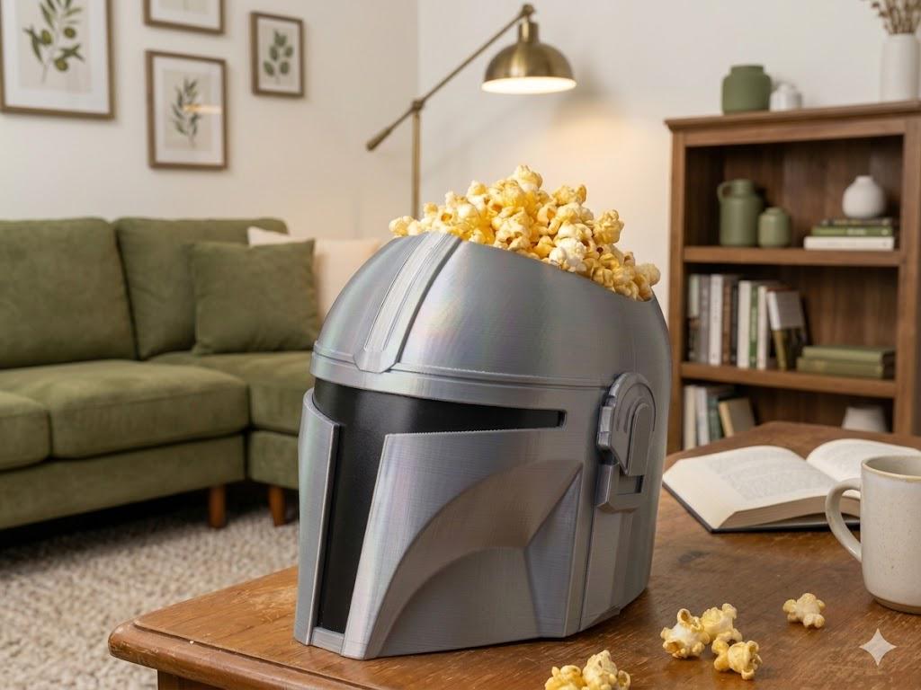 Space Helmet Popcorn Bucket, Galactic war Popcorn Bowl, star Movie Night Decor, Shiny Silk Silver 3D Printed Snack Bowl, Gamer Gift