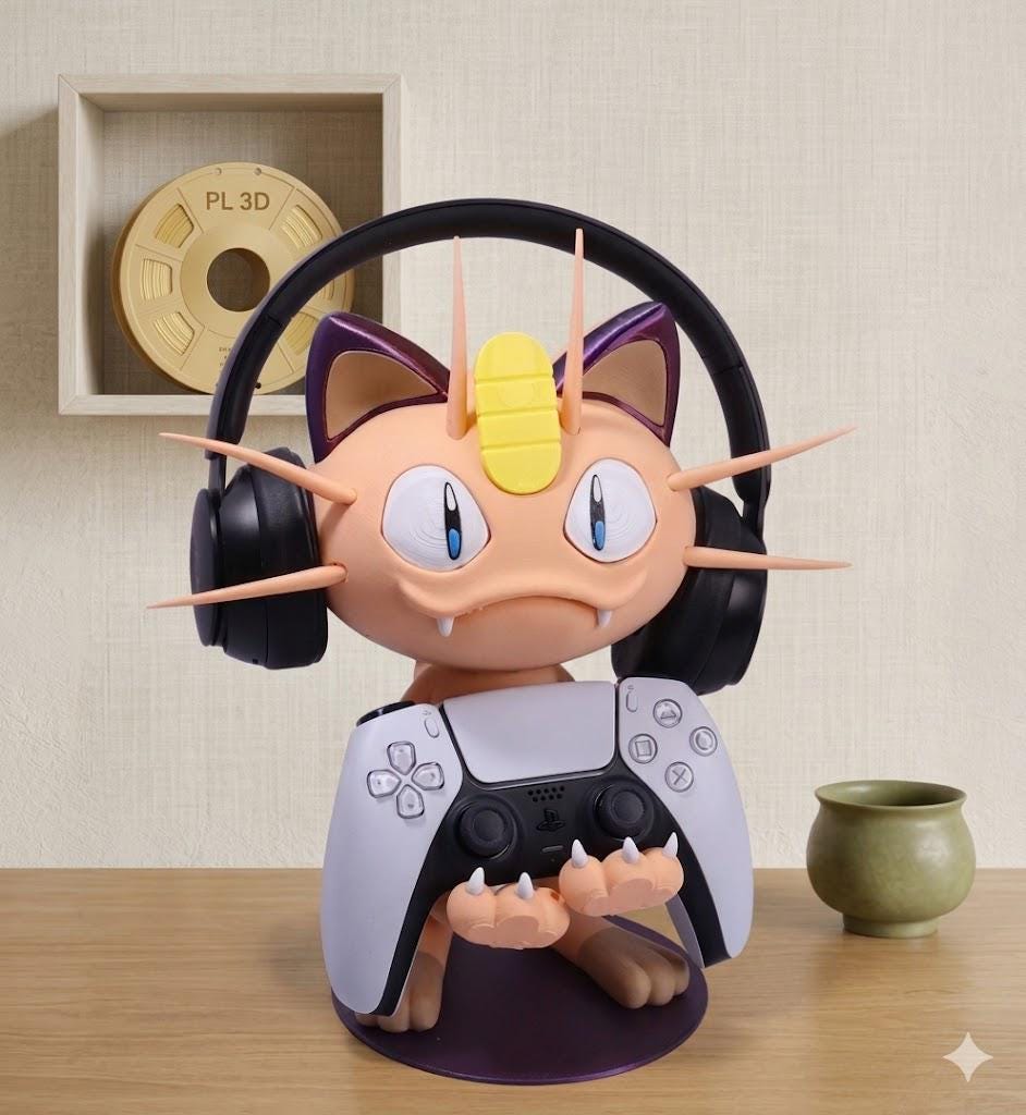 Meowth Controller Holder & Headset Stand | 3D Printed Gaming Setup Accessory | Anime Desk Organizer PS5 Xbox Controller Mount