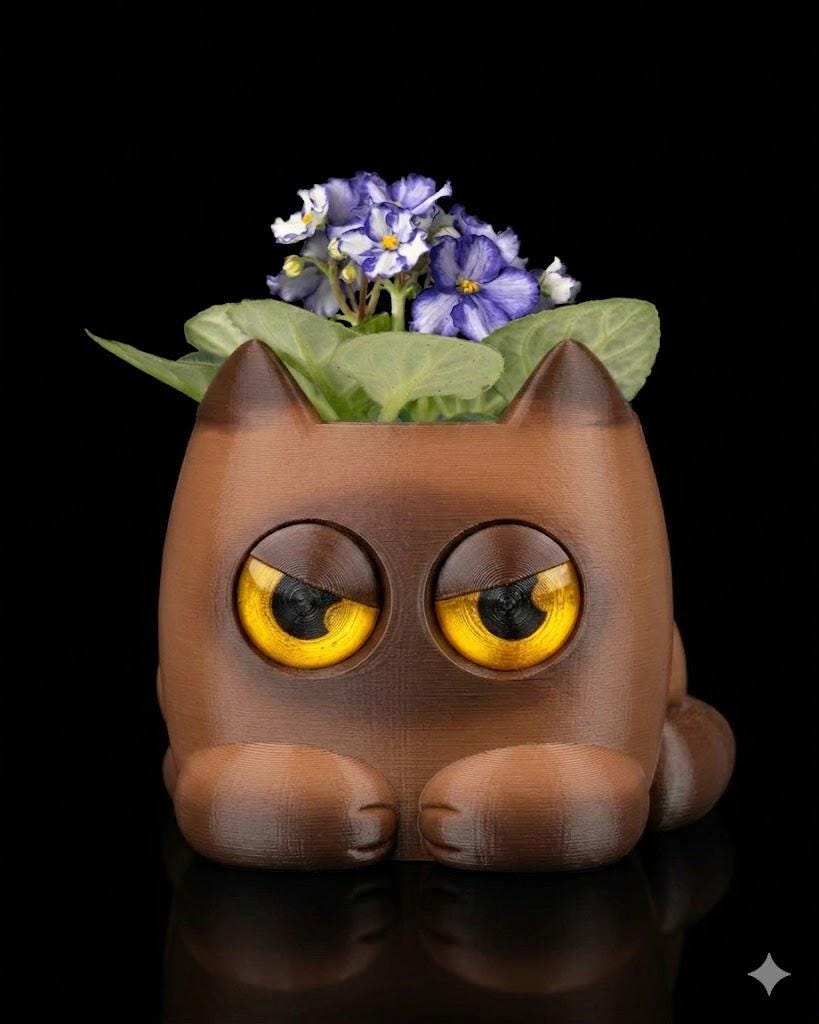 Grumpy Kitty Planter: Self-Watering Desk Plant Pot with Floating Eye Indicator